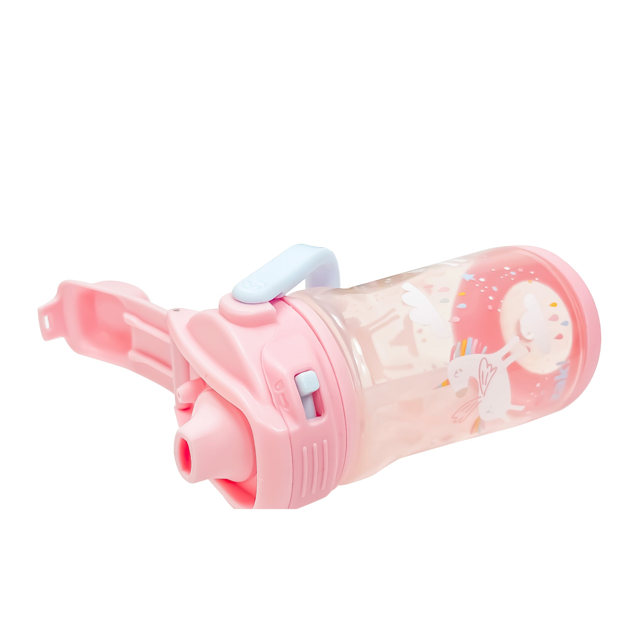 Kids spill proof pink zak water bottle with a straw on a white background