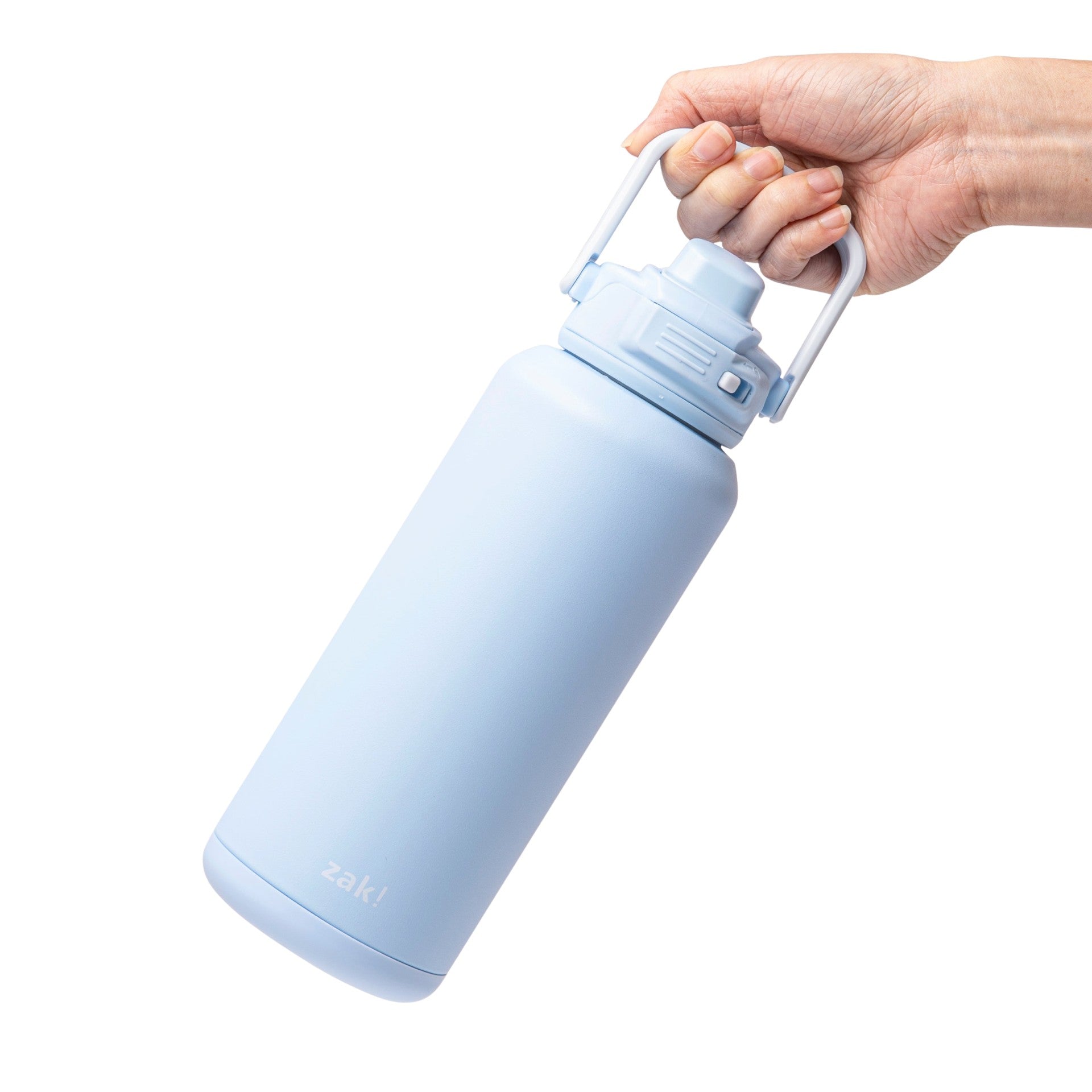 Light blue water bottle with a handle held by a hand on a white background