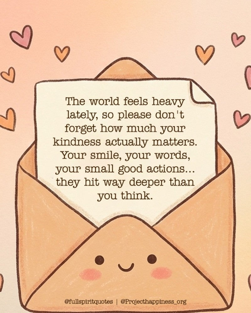Cartoon envelope with a message about kindness on a pink background with hearts.